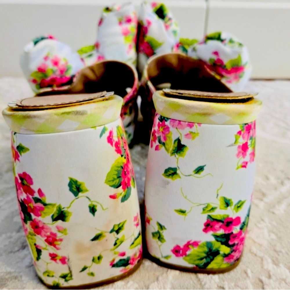 Betsey Johnson Pink, White & Green Floral with Jewel Mules & Chunky Heels - Picture 10 of 14